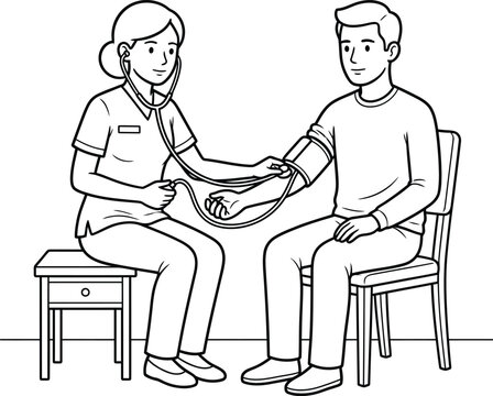 Medical checkup contour drawing featuring a nurse checking arterial blood pressure of a seated person in a clinic, vector asset