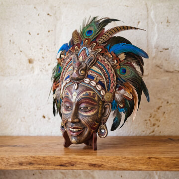 handcrafted decorative wooden mask featuring an elaborate, colorful headdress adorned with peacock feathers and cowrie shells