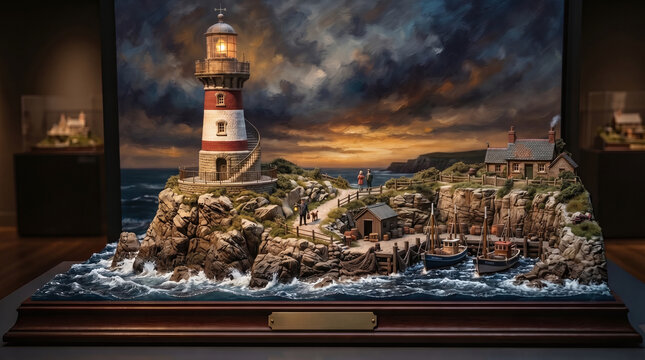 intricate, handmade coastal lighthouse diorama titled "The Old Harbor Light"