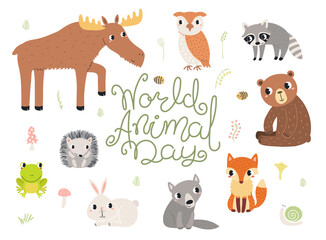 Obraz premium Cute wild animals World Animal Day design with text, plants. Woodland wildlife. Kawaii cartoon characters. Hand drawn flat vector illustration, design element for environment protection