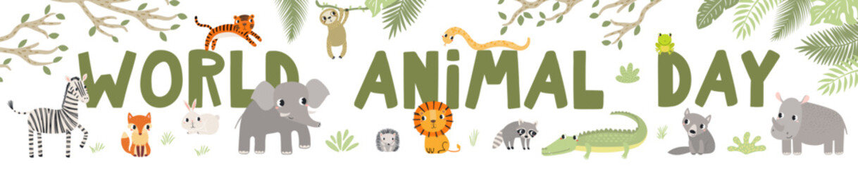 Fototapeta premium Cute wild animals World Animal Day design with text, plants. Tropical and woodland wildlife. Kawaii cartoon characters. Hand drawn flat vector illustration, design element for environment protection