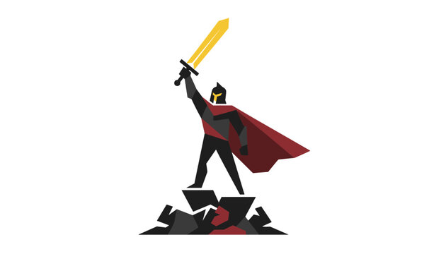 Brave warrior in a red cape standing triumphantly over defeated foes while raising a glowing golden sword in the air.