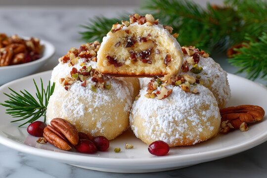 Christmas cookies dusted with powdered sugar and nuts