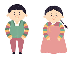 Obraz premium Cute kids, girl, boy in traditional Korean clothes hanbok illustration isolated. Cartoon characters. Lunar New Year Seollal, Mid Autumn Festival Chuseok design element, clip art. Hand drawn vector