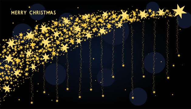 Merry Christmas and Happy New Year golden glittering stars, text, luxurious illustration on dark background. Elegant card, banner design, border, frame with copy space. Decorative vector elements