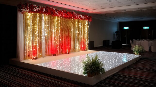 Wedding stage with gold and red light curtain