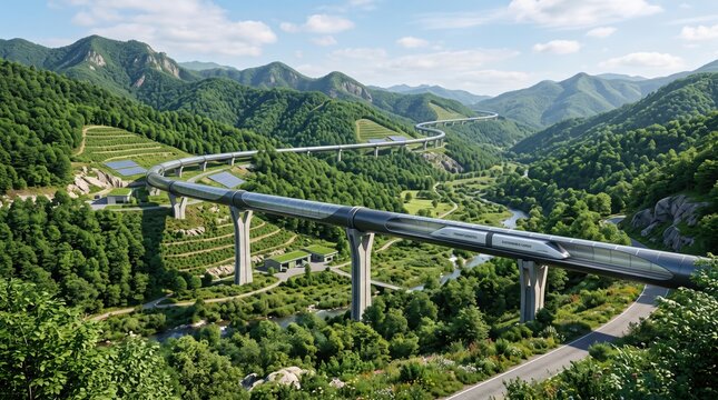 High-speed futuristic vacuum tube train transporting sustainable cargo through an elevated track across a lush green mountain landscape with solar panels.