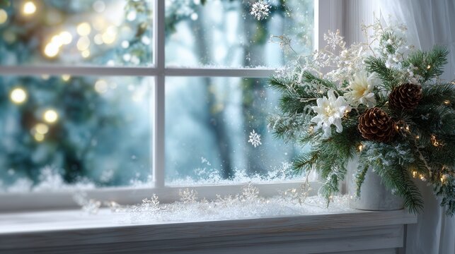 Festive winter wreath on snowy windowsill