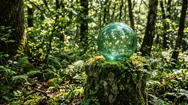 Glowing green glass orb resting on mossy tree stump in lush sunlit forest
