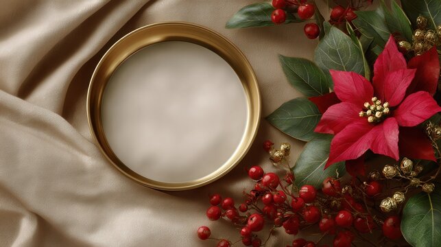 Gold plate with poinsettia and berries on beige fabric