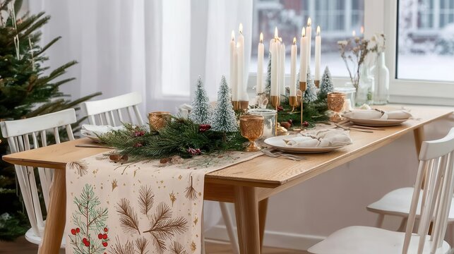 Christmas table set with candles and pine