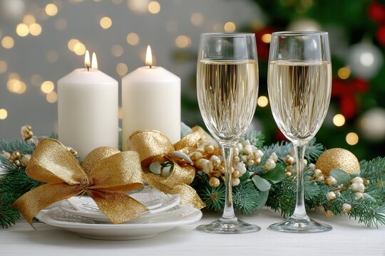 Champagne flutes with candles and holiday decor