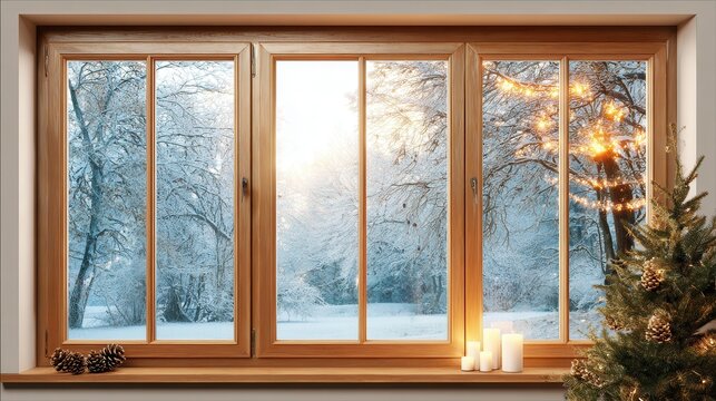 Winter window view with Christmas tree and candles