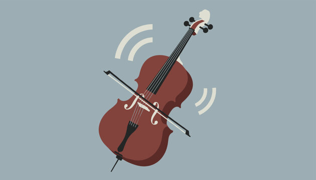 Classical string instrument cello is played with a bow shown with radiating sound wave lines against a simple grey background.