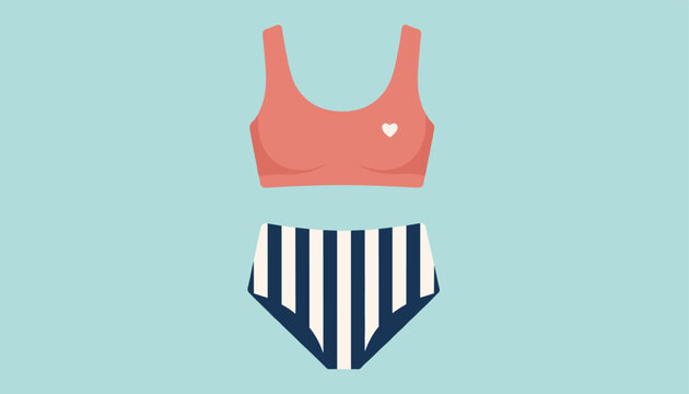 Stylish two-piece swimwear set features a coral pink sports-style top with a heart detail and high-waisted navy and white striped bottoms.