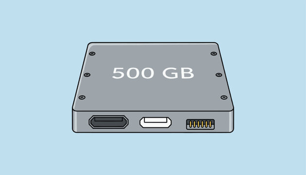 Compact external solid state drive with five hundred gigabytes of storage capacity is shown against a clear light blue background for technology.