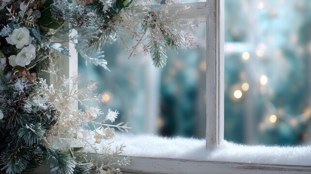 Festive winter wreath on snowy window sill