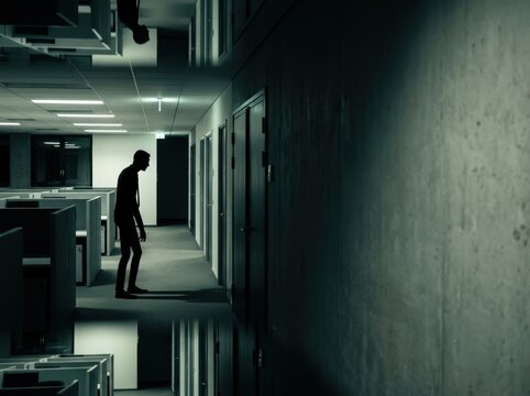 Surreal Workplace Horror Concept with a Distorted Silhouette Worker in a Sterile Office Environment, Symbolizing Corporate Burnout, Dehumanization, and Identity Loss
