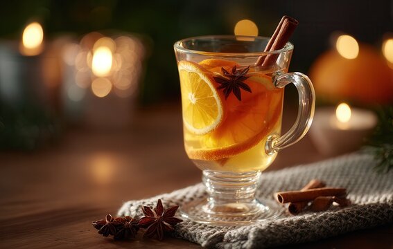 Spiced hot drink in glass mug with cinnamon and star anise
