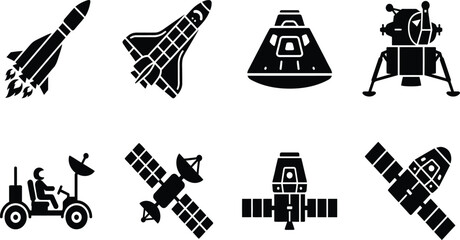 Space exploration silhouette vector illustration, rocket launch design, lunar lander artwork, satellite communication graphic, space station module pattern, astronaut rover icon © SUMAIYA
