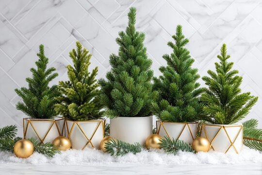Mini Christmas Trees in Geometric Pots with Snow and Gold Balls