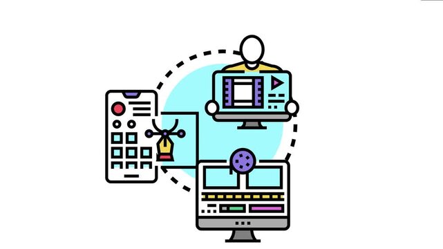 Creative professional performing diverse media editing tasks including video, design, and sound, connecting different digital platforms for content creation