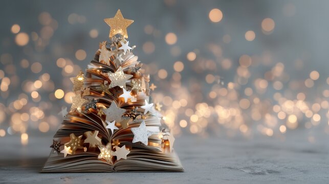 Book Christmas Tree Decorated with Stars