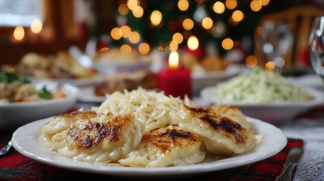 Pan fried pierogies with sauerkraut on festive table