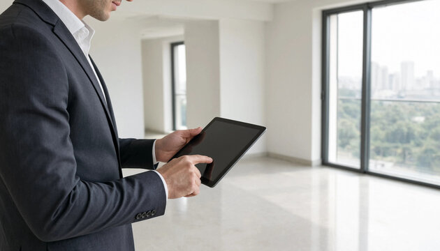 Real estate agent using a digital tablet inside a modern empty apartment with modern interior business suit property management apartment viewing interior design window light white walls