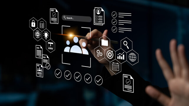 A modern digital interface showcasing various icons related to data management, security, and collaboration in business. Ideal for tech and business concepts. Gantry