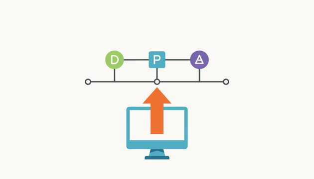 Information technology flowchart of computer uploading data into DPA network isolated on off-white backdrop.
