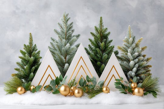 Frosted Christmas trees with geometric white and gold mountain decorations