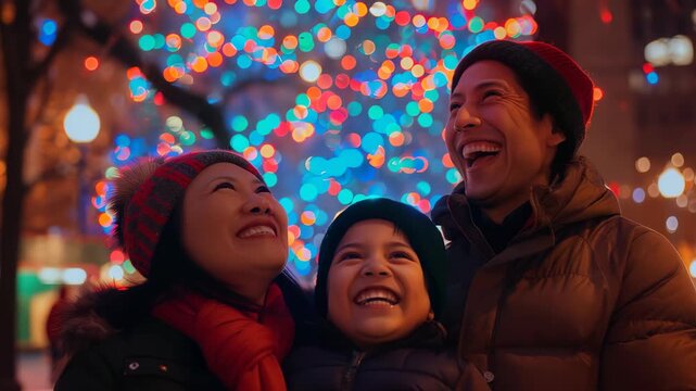 A family of three laugh joyfully beneath a dazzling display of festive, colorful outdoor lights, bundled up in winter clothing for a cheerful holiday gathering in the evening.