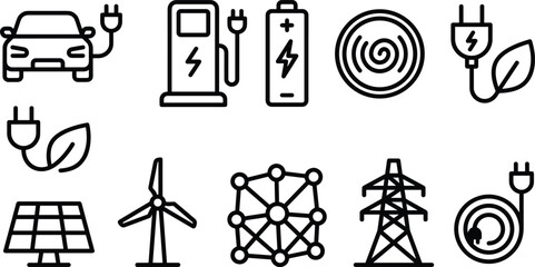 Fototapeta premium Renewable Green Energy and Electric Vehicle Charging Line Icon Set Featuring Solar Panels Wind Turbines Power Grid and EV Cars for Sustainability Graphics