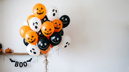 Fototapeta premium Orange, black and white Halloween balloons with pumpkin, ghost and skull faces floating against a bright white wall with copy space for festive party design.