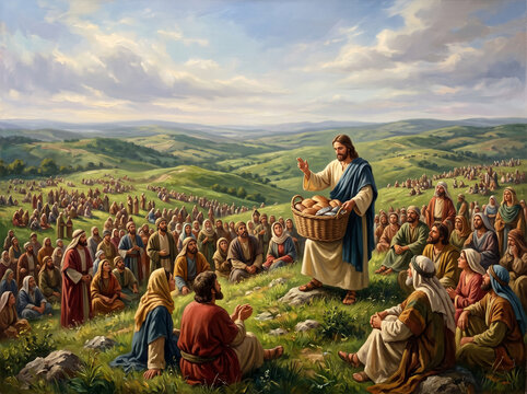 Jesus Feeding the Multitude with Bread and Fish Biblical Scene