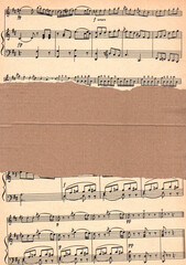 Fototapeta premium Torn sheet music paper frame with craft paper texture and empty center. Vintage collage background with copy space for scrapbooking, junk journals, invitations, cards, printable designs and projects.