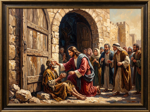 Jesus Healing Blind Man at City Gates Biblical Painting