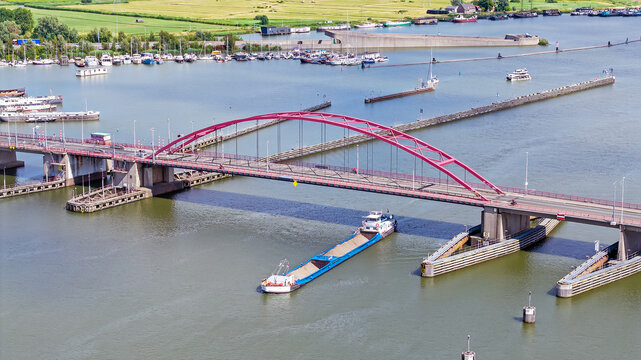 Aerial view of traffic on the Schellingwouder Bridge in Amsterdam, the Netherlands