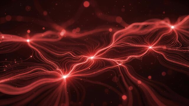 Glowing red flowing lines with bright nodes, digital style, on a dark background, symbolizing energy and connectivity