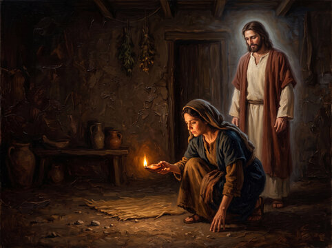 Woman searching with an oil lamp in a dark room with a guiding figure standing behind her
