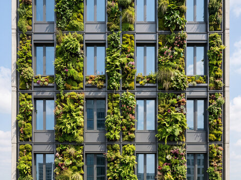 Modern eco building facade with vertical garden living walls and windows