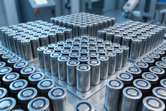 Rows of cylindrical lithium-ion battery cells arranged on assembly trays in a modern high-tech automated manufacturing plant for electric vehicles and energy storage.