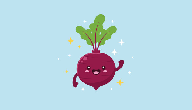 Adorable cartoon beetroot character waving happily with a cute smiling face and sparkling stars on a light blue background.