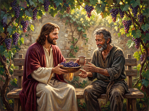 Jesus sharing grapes and wine with an elderly man in a vineyard
