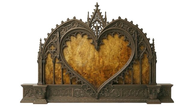 Gothic dark metal architectural pediment featuring a central heart cutout over golden cracked stone canvas