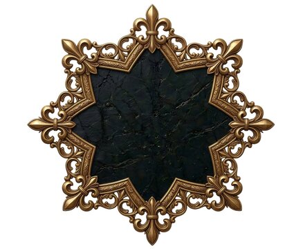 Golden octagram frame featuring delicate fleur de lis carvings around a deep green cracked stone canvas
