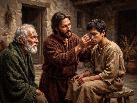 Jesus healing a blind man with mud in ancient biblical scene