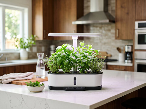 Indoor hydroponic herb garden with LED grow light on modern kitchen countertop