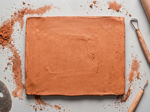 Flat lay of clay slab, ceramic tools and terracotta powder on white background with copy space